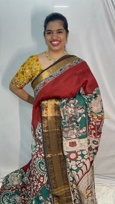 Vriksham Red Green Kalamkari Saree With Kanchi Border-VS4396